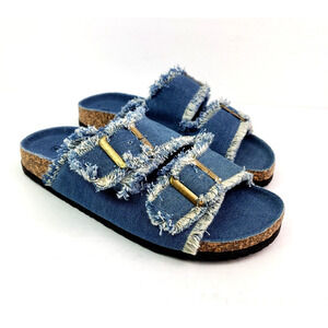 Olivia Miller Omra Womens Size 6 Denim Blue Slip On Buckle Footbed Slide Sandals
